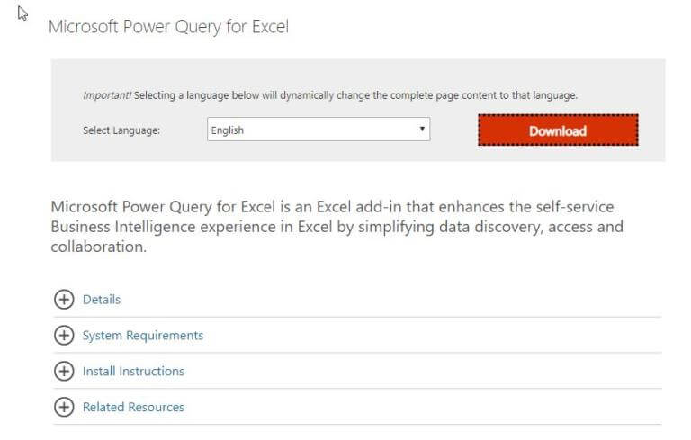 Download Power Query addin
